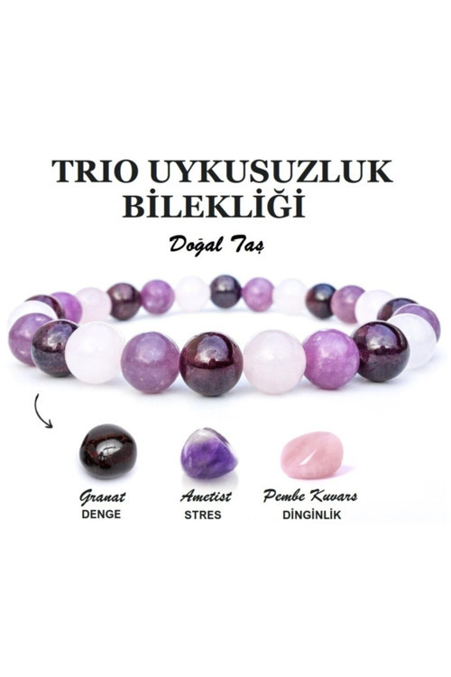 Granat, Ametist Ve Pembe Kuvars Doğal Taş Bileklik