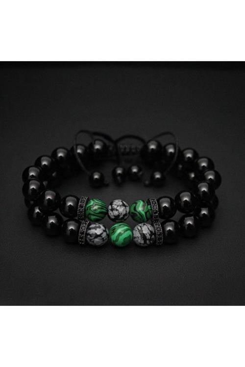 Malakit, Obsidyen Ve Oniks Doğal Taş Bileklik 2Li Kombin