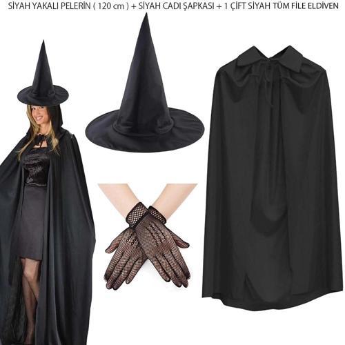 120 Cm Siyah Yakalı Cadı Pelerini Cadı Şapkası Ve 1 Çift Siyah Kısa File Tüm Eldiven Seti 3 Parça