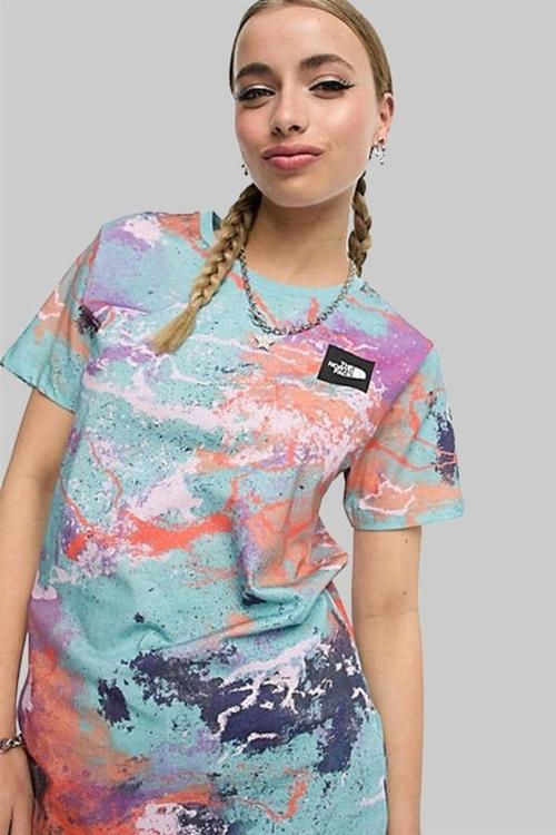 Seasonal Fine T-shirt Multicolor Reef Waters TNF Distort Print Kadın Bol Kesim Pamuklu Tişört Mavi