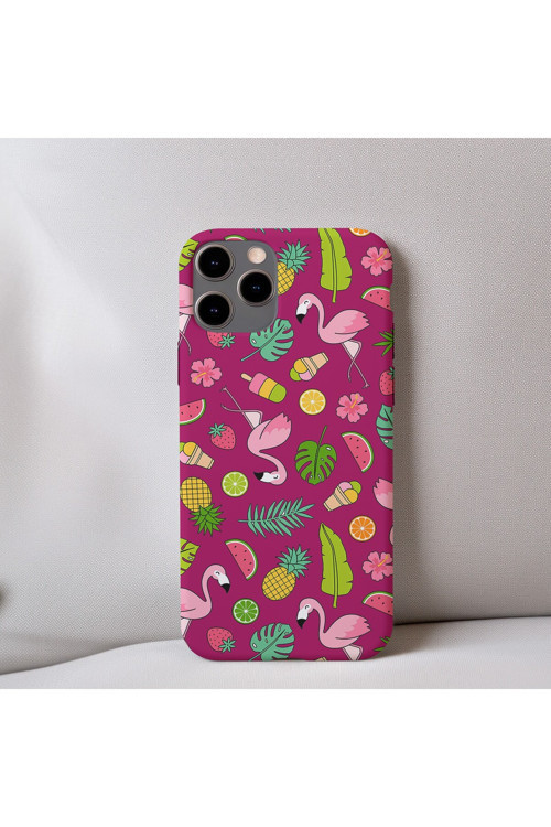 İphone 14 Uyumlu İçi Kadife Flamingo Desenli Telefon Kılıfı