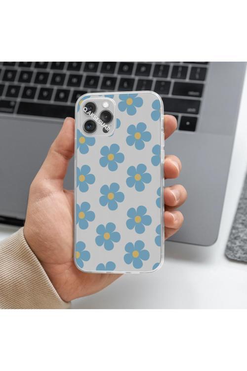 Samsung Galaxy M10 Uyumlu Mavi Çiçek Tasarımlı Premium Şeffaf Telefon Kılıfı