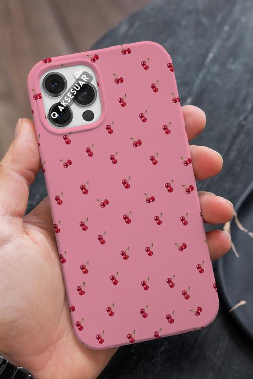 İphone 11 Uyumlu Kiraz Tasarımlı Şeker Pembe Premium Telefon Kılıfı