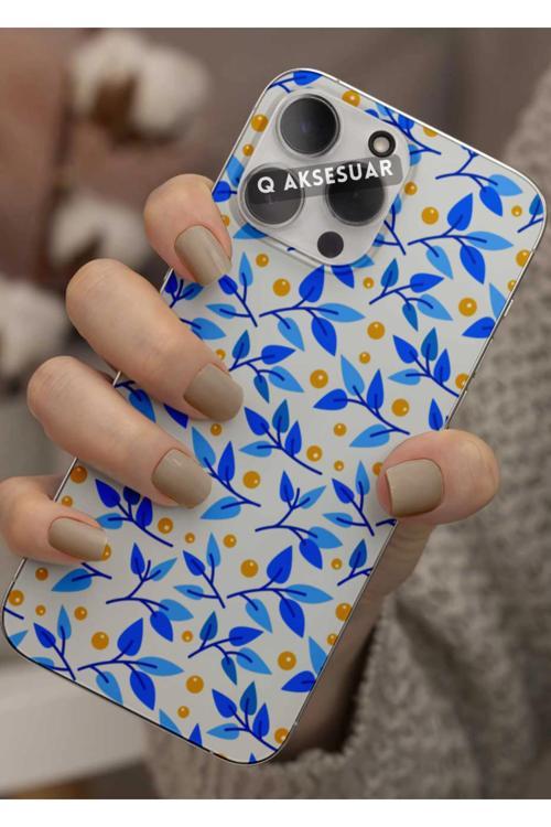 Poco X7 Pro Uyumlu Mavi Yapraklar Tasarımlı Şeffaf Telefon Kılıfı Kapak Case