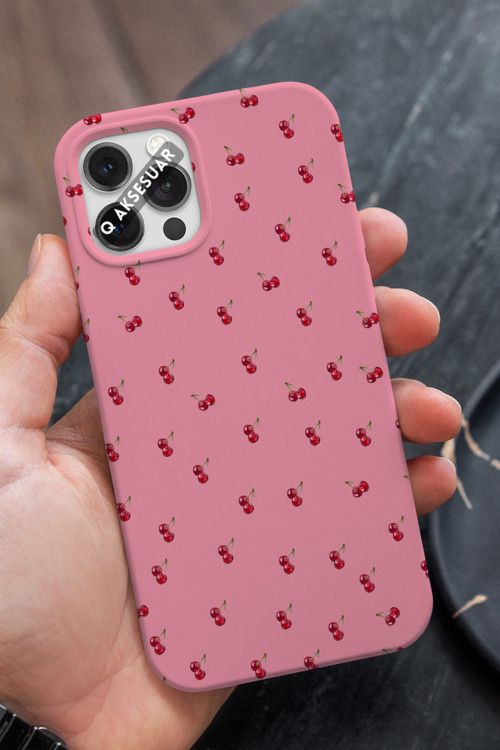 İphone Se Uyumlu Kiraz Tasarımlı Şeker Pembe Premium Telefon Kılıfı