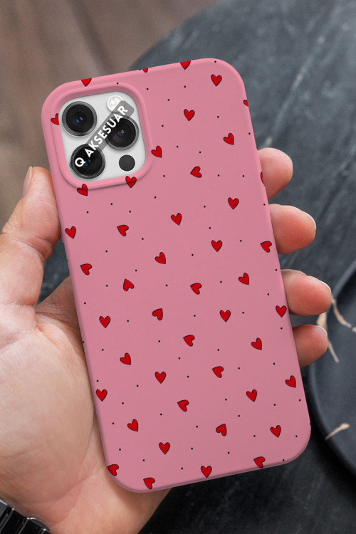 İphone 13 Uyumlu Mini Kalpler Tasarımlı Şeker Pembe Premium Telefon Kılıfı