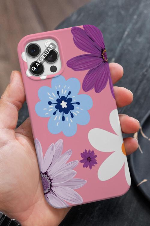 İphone 14 Uyumlu Renkli Çiçek Tasarımlı Şeker Pembe Premium Telefon Kılıfı