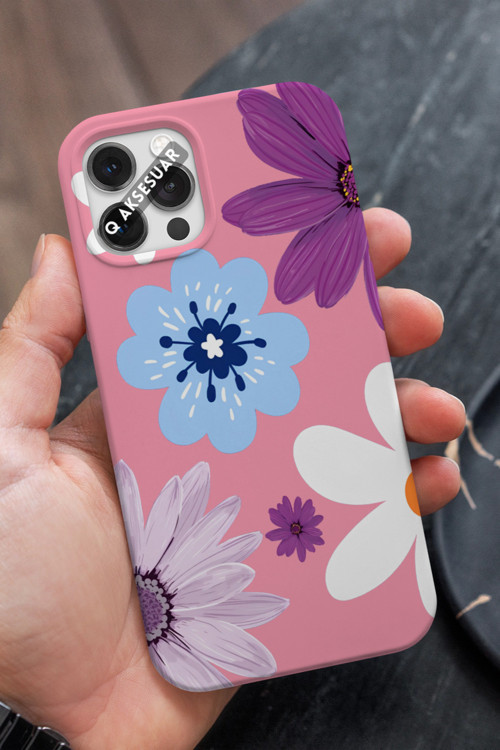 İphone 16E Uyumlu Renkli Çiçek Tasarımlı Şeker Pembe Premium Telefon Kılıfı