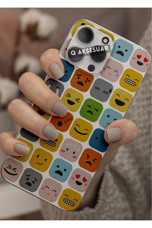 İphone 8 Plus Uyumlu Emojiler Tasarımlı Şeffaf Telefon Kılıfı Kapak Case