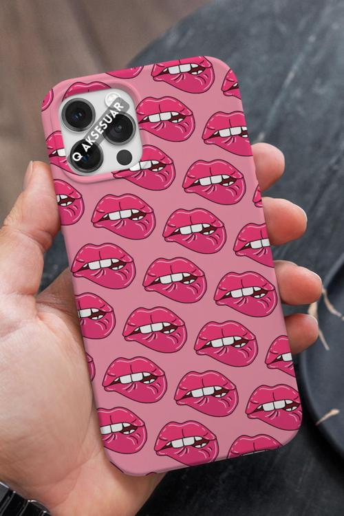 İphone 13 Pro Uyumlu Dudak Tasarımlı Şeker Pembe Premium Telefon Kılıfı