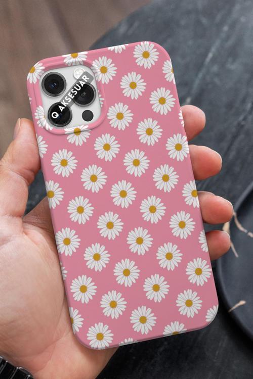 İphone 13 Pro Uyumlu Papatya Tasarımlı Şeker Pembe Premium Telefon Kılıfı