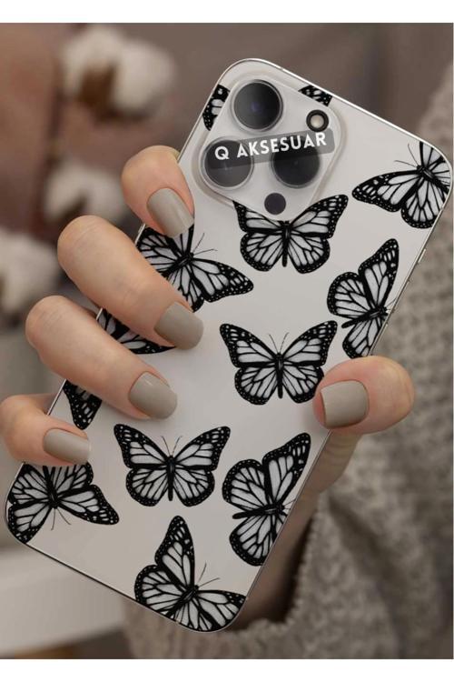 Samsung Galaxy A32 Uyumlu Siyah Kelebek Tasarımlı Şeffaf Telefon Kılıfı Kapak Case
