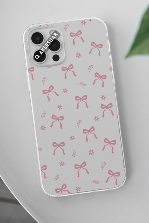 Samsung Galaxy S23 Ultra Uyumlu Pembe Kurdele Tasarımlı Şeffaf Telefon Kılıfı
