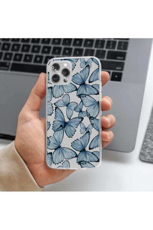 İphone Xs Uyumlu Mavi Kelebek Tasarımlı Premium Şeffaf Telefon Kılıfı