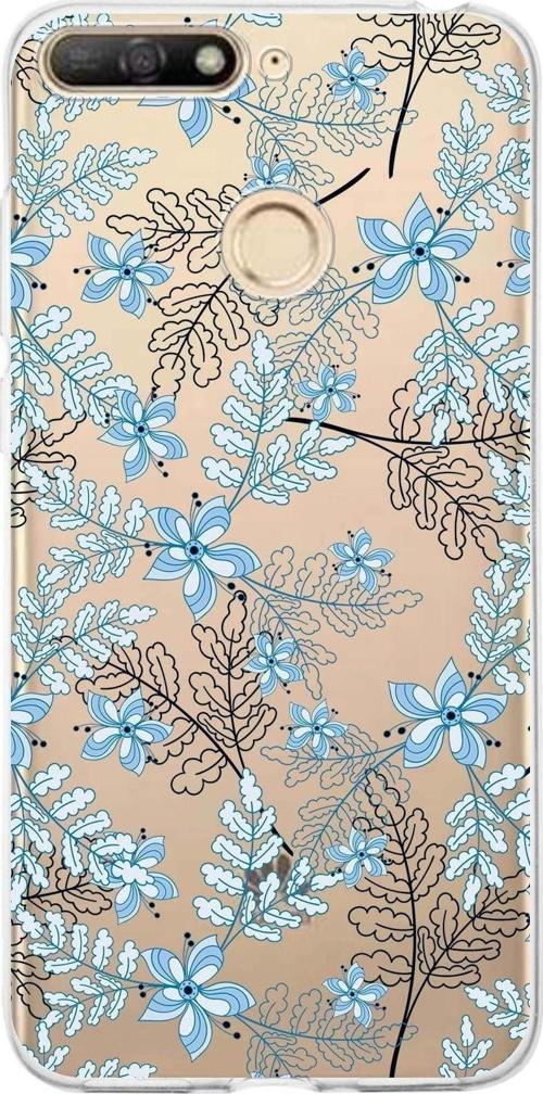 Huawei Y6 2018 Uyumlu Kapak Floral Mavi Tasarımlı Şeffaf Silikon Kılıf