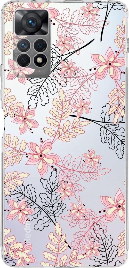 Xiaomi Redmi Note 11S Uyumlu Kamera Korumalı Kapak Floral Kırmızı Tasarımlı Şeffaf Kılıf