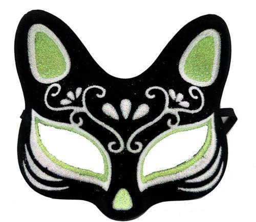 Siyah Renk Süet Kaplama Üzeri Gümüş Yeşil Simli Kedi Maskesi 17x14 cm (5250)