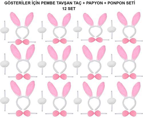 Pembe Tavşan Kostüm Seti – Taç, Papyon, Ponpon (12’li Paket)