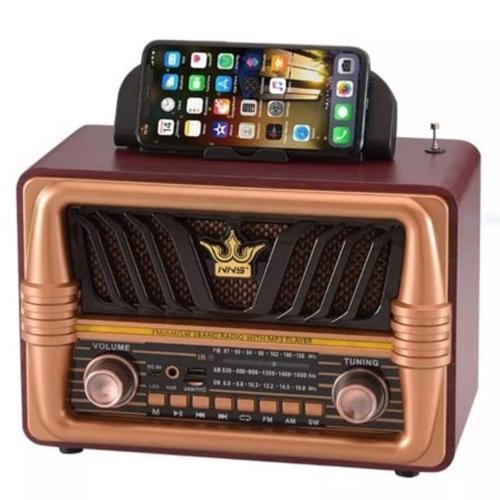 Büyük Boy Telefon Tutma Saplı Retro Ahşap Tasarım Bluetooth Hoparlörlü Radyo – FM/AM Destekli, Şarjlı ve Taşınabilir Radyo NS-8077 (5250)