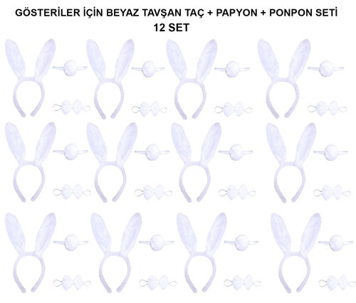 Beyaz Tavşan Kostüm Seti – Taç, Papyon, Kuyruk (12’li Paket)