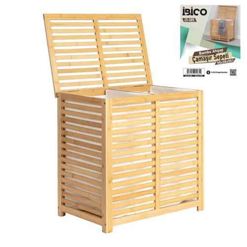 LAUNDRY BASKET 2 BÖLMELİ AHŞAP BAMBU KİRLİ ÇAMAŞIR SEPET KUMAŞ ÇANTALI SEPET=50X38X55CM (5250)