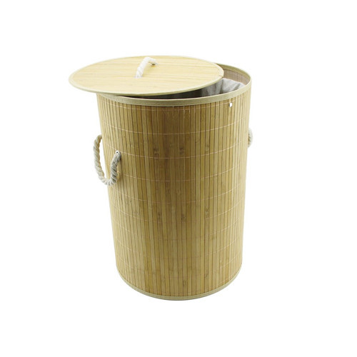 YUVARLAK BAMBU AHŞAP KİRLİ ÇAMAŞIR SEPETİ 35X60CM SEYYAR KAPAKLI İÇİ BEZLİ İP KULPLU (5250)