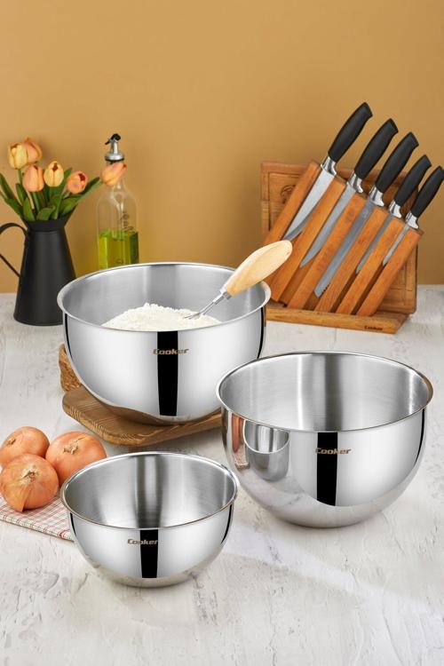 3'Lü Paslanmaz Çelik Karıştırma Kabı Seti – 24 Cm (3.5 L), 26 Cm (7 L), 28 Cm (8 L)