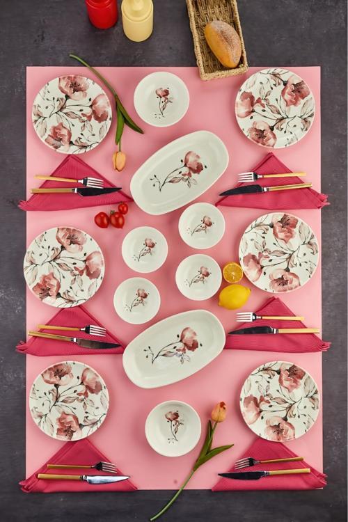 14 Parça Porselen Kahvaltı Takımı – Şık Desenli Kayık, Pasta, Kase Ve Reçellik Seti