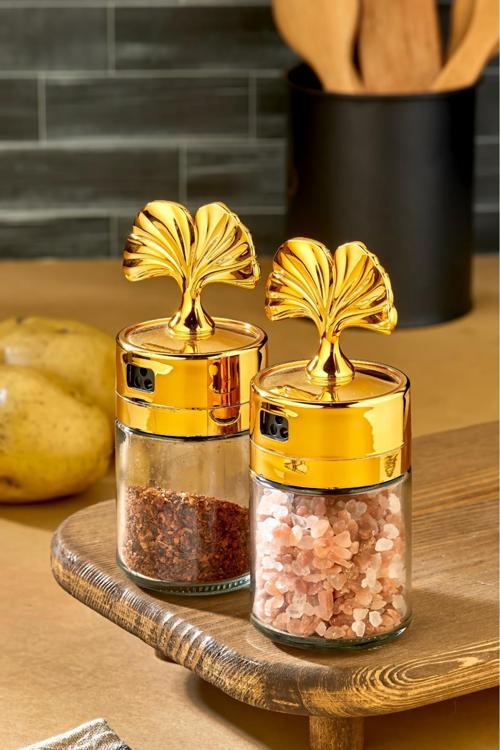 Altın Kapaklı Cam Tuzluk Biberlik Seti Dekoratif Lüks Tasarım Baharatlık 2'Li