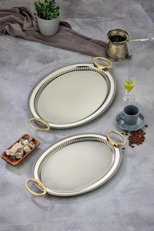 Özel Seri Oval Model Lüx Metal 2'Li Sunum Tepsisi, Çay Tepsisi, Nişan Tepsisi (37X28 Ve 44X33 Cm)