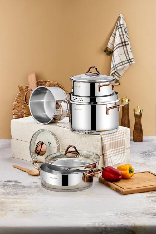 8 Parça Süzgeç Kapaklı Paslanmaz Çelik Tencere Seti
