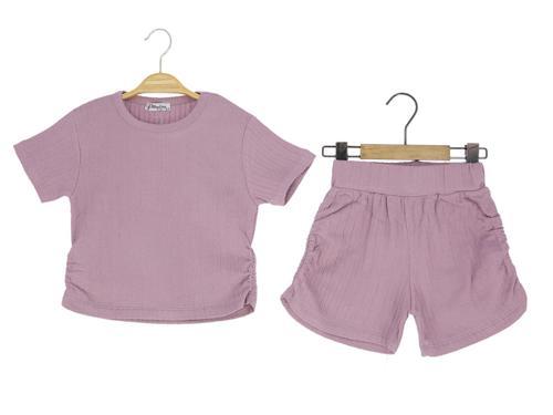 BÜZGÜLÜ 40/1 KRİNKIL KUMAŞ CROP TSHIRT ŞORTLU KIZ TAKIM Gül Kurusu