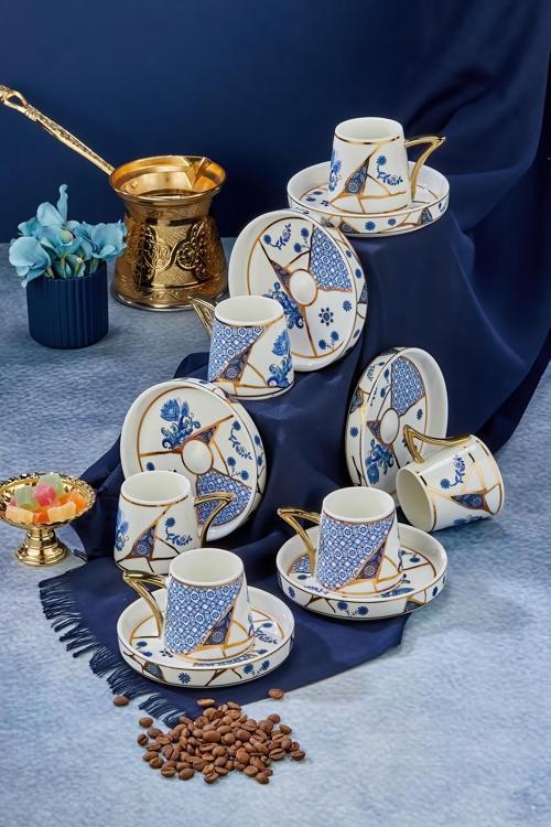 Lüks Yaldızlı Motifli 6'Lı 90 Ml Kahve Fincan Takımı – Altın Detaylı, Porselen, Özel Tasarım