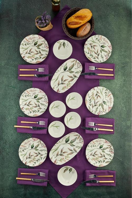 14 Parça Porselen Kahvaltı Takımı – Şık Desenli Kayık, Pasta, Kase Ve Reçellik Seti