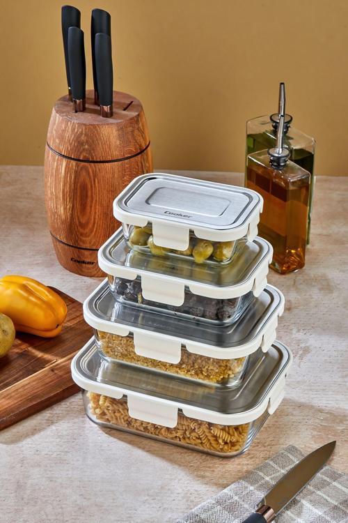 4'Lü Paslanmaz Çelik Kapaklı Cam Saklama Kabı Seti – Sızdırmaz, Hava Geçirmez