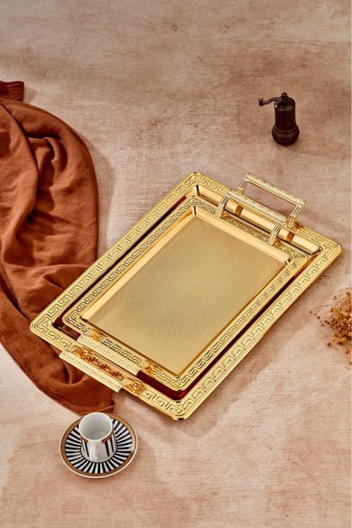 Özel Lüx Kare Paslanmaz Çelik Gold Tepsi (Büyük Boy)