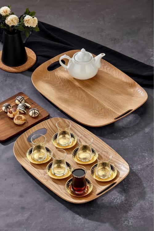 2'Li Lüx 44X50 Ahşap Tepsi Seti