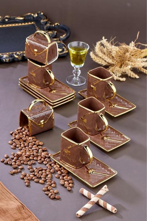 6'Lı Çanta Desenli 90 Ml Porselen Kahve Fincan Seti | Altın Yaldızlı Şık Kutulu Hediyelik