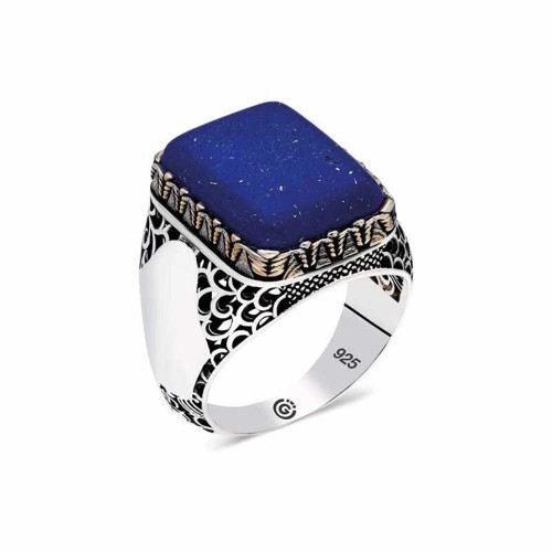gümüş Mavi Lapis Taşlı Kare Erkek Yüzük