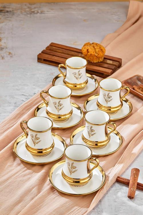 Şık Tasarımlı 6'Lı 220 Ml Porselen Çay Fincanı Seti - Altın Yaldızlı - Hediye Seçeneği