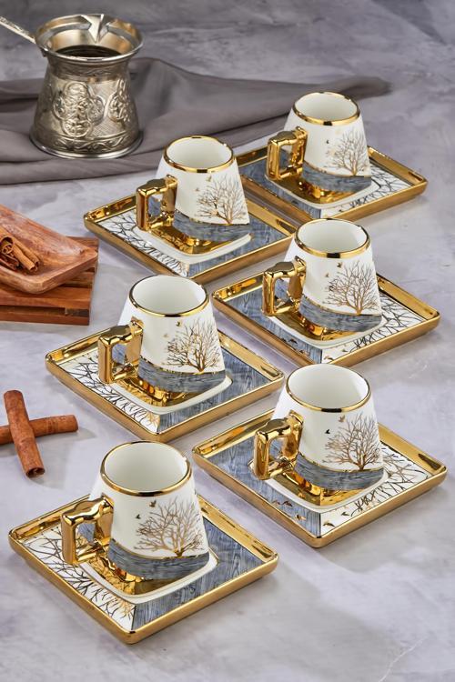 Şık Tasarımlı 6'Lı 180 Ml Porselen Neskafe Fincanı Seti - Altın Yaldızlı - Hediye Seçeneği