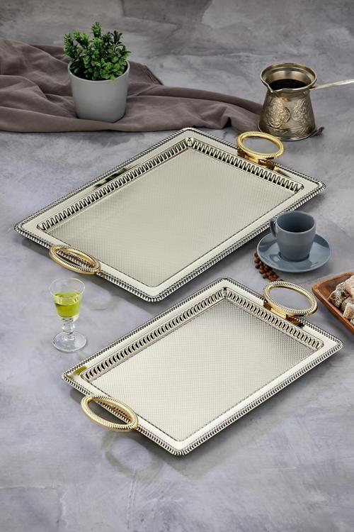 Özel Seri Dikdörtgen Model Lüx Metal 2'Li Sunum Tepsisi, Çay Tepsisi, Nişan Tepsisi (35X25 44X32 Cm)
