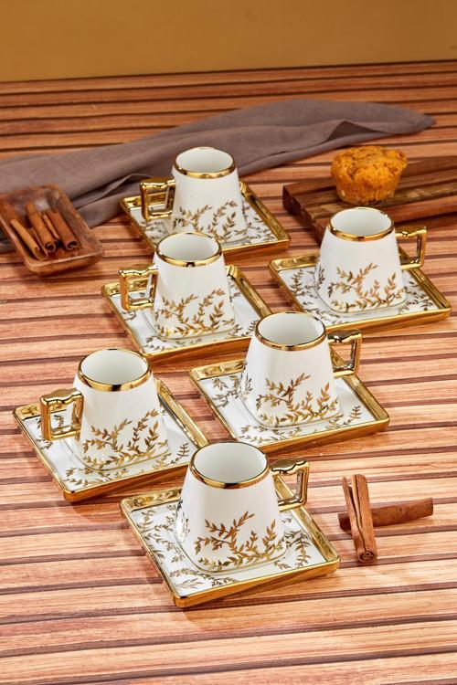 Şık Tasarımlı 6'Lı 220 Mlporselen Kahve Fincanı Seti - Altın Yaldızlı - Hediye Seçeneği