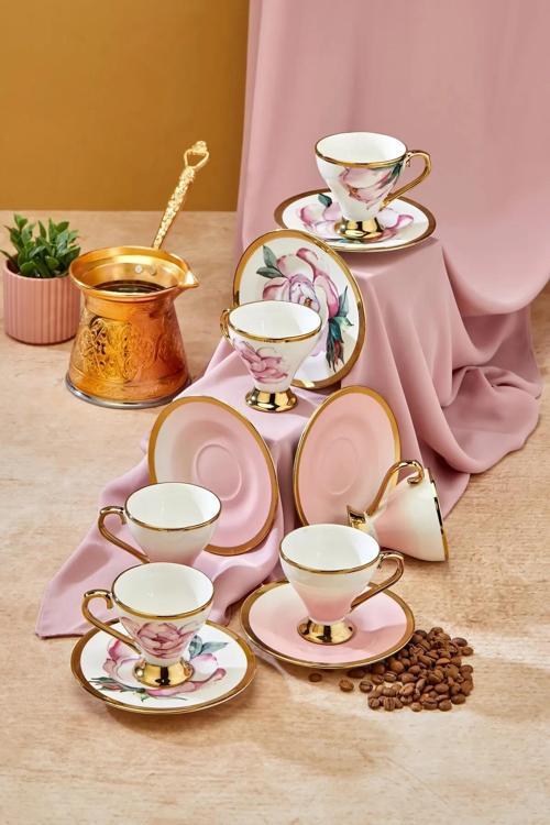 Lüks Porselen Çiçekli Yaldız Detaylı 6 Kişilik Türk Kahve Fincan Takımı