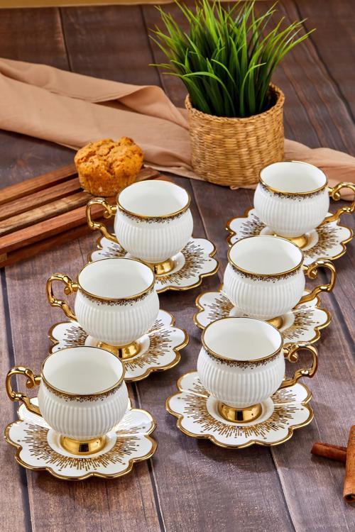 Şık Tasarımlı 6'Lı 220 Ml Porselen Çay Fincanı Seti - Altın Yaldızlı - Hediye Seçeneği