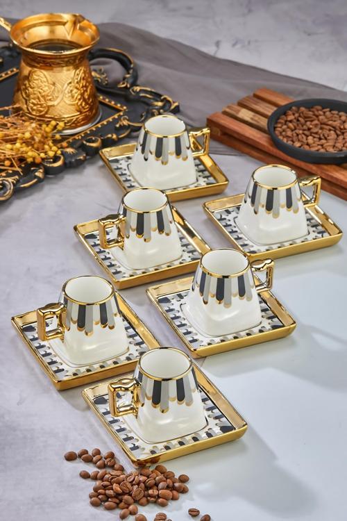 Şık Tasarımlı 6'Lı 220 Ml Porselen Çay Fincanı Seti - Altın Yaldızlı - Hediye Seçeneği