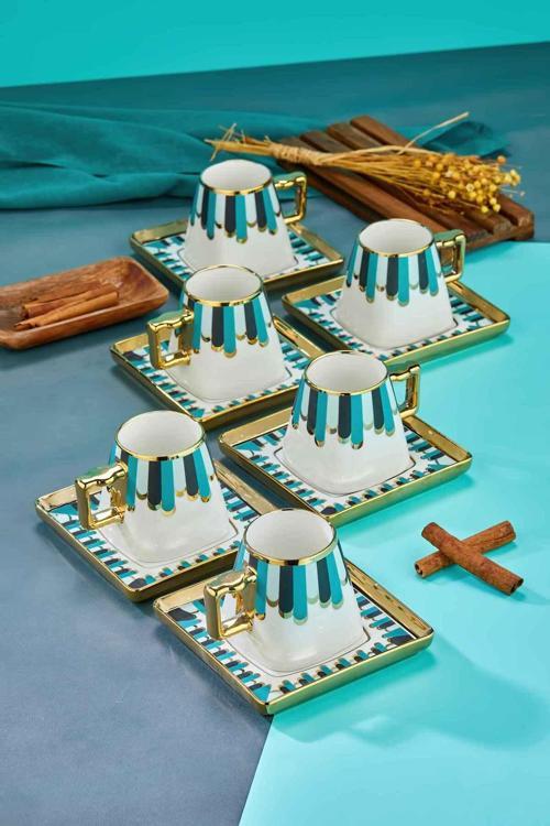 Şık Tasarımlı 6'Lı 220 Ml Porselen Çay Fincanı Seti - Altın Yaldızlı - Hediye Seçeneği