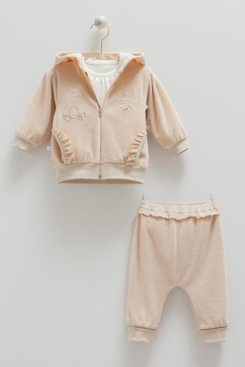 MILD CASTLE FIRFIR DETAYLI KAPÜŞONLU KADİFE ÜÇLÜ ALT ÜST TAKIM - CARAMELL  - TKK2145 - Bej - 6 - 9 Ay - TKK2145-Bej-6 - 9 Ay Bej