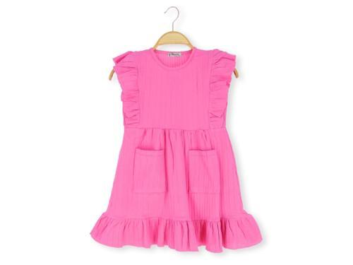CEPLİ FIRFIRLI 40/1 KRİNKIL KIZ ELBİSE Fuşya