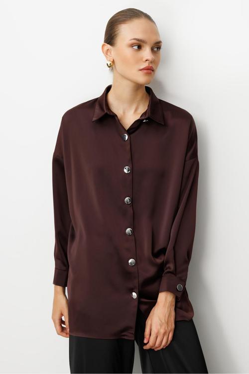 Metal Düğmeli Kahverengi Saten Tunik Gömlek